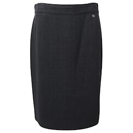 Chanel-Saia lápis Chanel com bolsos traseiros em tweed de algodão preto-Preto