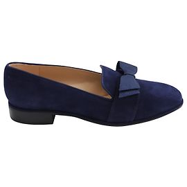 Stuart Weitzman Keegan Bow Flat Loafers in Navy Blue Suede Blue Navy blue