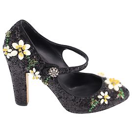 Décolleté Dolce & Gabbana con Paillettes Floreali in Pelle Nera Nero