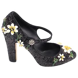 Dolce & Gabbana-Dolce & Gabbana Pumps mit floralen Pailletten aus schwarzem Leder-Schwarz