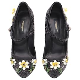 Dolce & Gabbana-Dolce & Gabbana Pumps mit floralen Pailletten aus schwarzem Leder-Schwarz