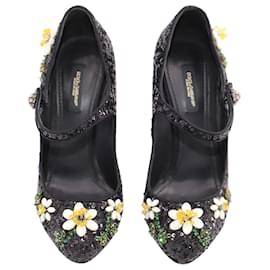 Dolce & Gabbana-Dolce & Gabbana Escarpins à Paillettes Florales en Cuir Noir-Noir