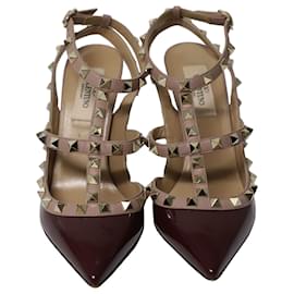 Valentino-Valentino Rockstud Pumps in Maroon Leather-Brown,Red