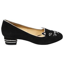 Charlotte Olympia Grunge Kitty Flat Loafers in Black Suede Black