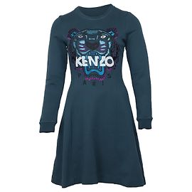 Kenzo-Obermaterial-Motiv besticktes Langarm-Sweatshirtkleid aus blaugrüner Baumwolle Andere Grün