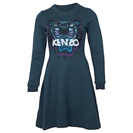 Kenzo-Kenzo-Obermaterial-Motiv besticktes Langarm-Sweatshirtkleid aus blaugrüner Baumwolle-Andere,Grün