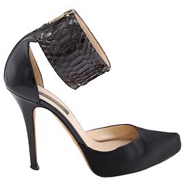 Escada Snake Skin Embossed Ankle Strap Pumps in Black Leather Black