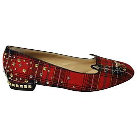 Charlotte Olympia Punk Kitty Flat Loafers in Red Tweed Polyester Red