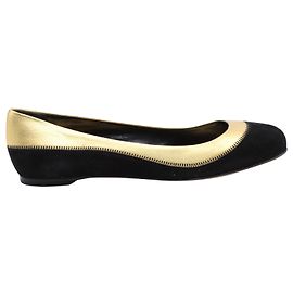 Sergio Rossi Ballet Flats with Gold Leather Trim in Black Suede  Black