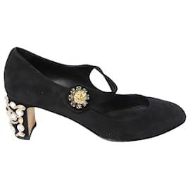 Dolce & Gabbana-Dolce & Gabbana Crystal-Embellished Heel Mary Jane Pumps in Black Suede-Black