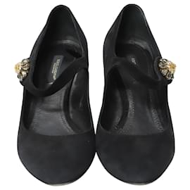 Dolce & Gabbana-Dolce & Gabbana Crystal-Embellished Heel Mary Jane Pumps in Black Suede-Black