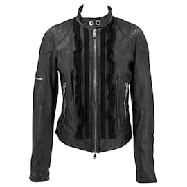 Dolce & Gabbana-Dolce & Gabbana leather jacket in black with frilled inserts-Black