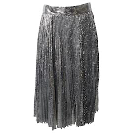 Dolce & Gabbana-Dolce & Gabbana Pleated Sequin Midi Skirt in Silver Nylon-Silvery