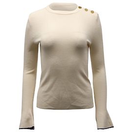 Tory Burch Kimberly Bell-Sleeve-Pullover mit Knöpfen aus beiger Merinowolle Beige