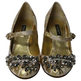 Dolce & Gabbana-Dolce & Gabbana Zapatos Mary Jane de brocado adornados con cristales en cuero dorado-Dorado