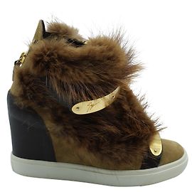 Sneakers alte con zeppa Giuseppe Zanotti Lorenz Fur in camoscio marrone Marrone Beige
