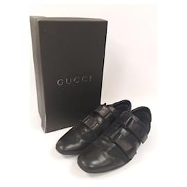 Gucci-Gucci leather and monogrammed canvas portofino sneakers-Black