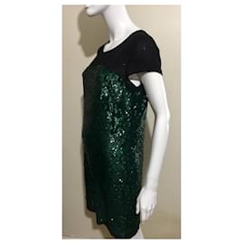 Hoss Intropia-Sequinned black and green dress with chiffon-Black,Dark green