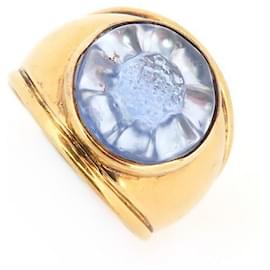 Lalique-VINTAGE RING LALIQUE T55 GOLDEN PLATE & PEONY FLOWER IN BLUE CRYSTAL RING-Golden