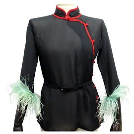 NUOVA BLUSA PRADA CON MANICHE IN PIUMA 40 IT 38 FR EN SETA NERA CAMICIA IN SETA NUOVA Nero