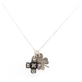 Chanel-LOT 2 CHARMS PENDANTS CHANEL CLOVER & CROSS GRIPOIX CHAIN NECKLACE SILVER 925-Silvery
