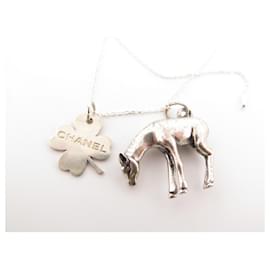 Chanel-LOT 2 CHANEL CLOVER & BAMBI DEER CHARM PENDANTS + SILVER NECKLACE CHAIN 925-Silvery