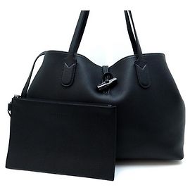 NEW LONGCHAMP ROSEAU ESSENTIAL M HANDBAG + POUCH IN BLACK GRAINED LEATHER Black