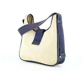 Hermès-Vintage Hermes Tsako bi-material shoulder bag in beige canvas & navy blue leather-Blue,Beige