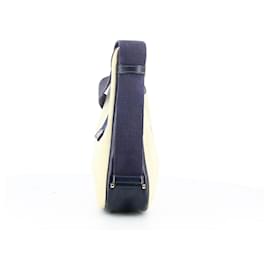 Hermès-Sac bandoulière vintage Hermes Tsako bi-matière en toile beige & cuir bleu marine-Bleu,Beige