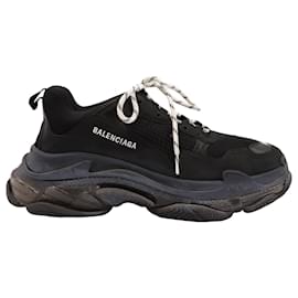 Balenciaga-Balenciaga Triple S Clear Sole Logo-Embroidered Sneakers in Black Leather-Black