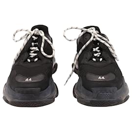 Balenciaga-Balenciaga Triple S Clear Sole Logo-Embroidered Sneakers in Black Leather-Black