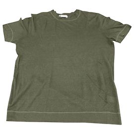 Brunello Cucinelli Pullover im T-Shirt-Stil mit Kontrastnähten aus grünem Leinen Grün