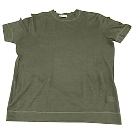 Brunello Cucinelli-Brunello Cucinelli T-shirt Style Sweater with Contrast Stitching in Green Linen-Green