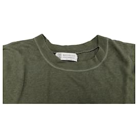 Brunello Cucinelli-Brunello Cucinelli T-shirt Style Sweater with Contrast Stitching in Green Linen-Green