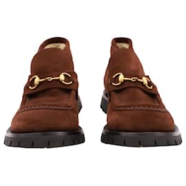 Gucci-Gucci Django Horsebit Shearling Lined Loafers in Brown Suede-Brown
