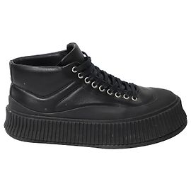 Jil Sander Baskets Mi-hautes Côtelées en Cuir Noir Noir