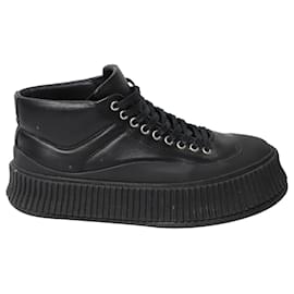 Jil Sander-Jil Sander Ribbed Mid Top Sneakers in Black Leather-Black