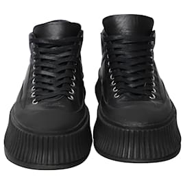 Jil Sander-Jil Sander Ribbed Mid Top Sneakers in Black Leather-Black