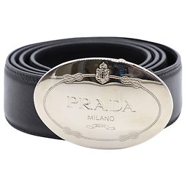 Fivela oval Prada Savoia em metal prateado e couro preto Preto
