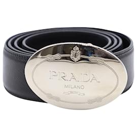 Prada-Prada Savoia Oval Buckle in Silver Metal and Black Leather-Black