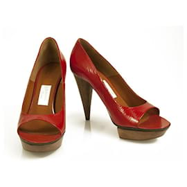Lanvin-Lanvin Red Patent Leather Wooden Heel Platform Peep Toe Pumps Shoes Size 40-Red