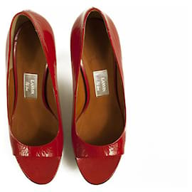 Lanvin-Lanvin Red Patent Leather Wooden Heel Platform Peep Toe Pumps Shoes Size 40-Red