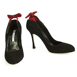 Brian Atwood-Brian Atwood Black Suede Red Satin Bow Classic Pumps Heels Shoes - Size 40-Black