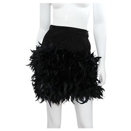 YVES SAINT LAURENT 1993 Saia de couro camurça preta com penas - YSL Preto
