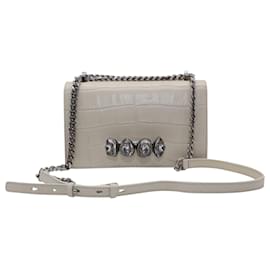 Alexander Mcqueen-Alexander McQueen Spider Jeweled Shoulder Bag with Croc Embossed in Cream Leather-White,Cream