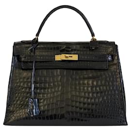 Hermès-Hermes Bag Kelly 32 CROCODILO POROSO PRETO-Preto