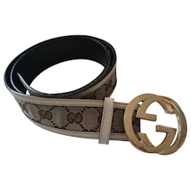 Gucci-Gucci belt with lined G buckle-Silvery,Beige