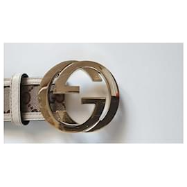 Gucci-Gucci belt with lined G buckle-Silvery,Beige