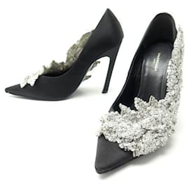 Balenciaga-BALENCIAGA SHOES PUMPS SLASH PEARLS 482092 35 BLACK SATIN SHOES-Black