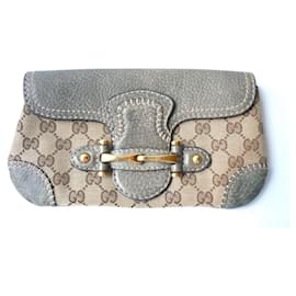 Gucci-GUCCI Leather and monogram canvas pouch very good condition-Grey